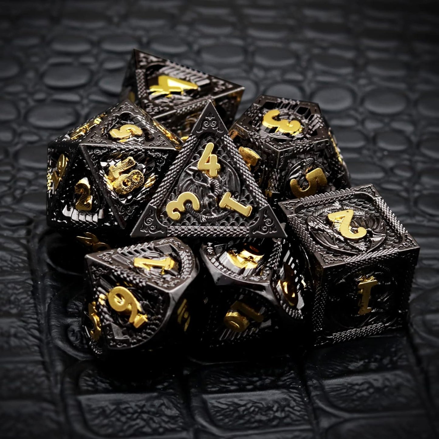 Haxtec Metal DND Dice Set Black Gold Metal D&D Dice with Fire-Breathing Dragon Elements & Leather Dice Bag Polyhedral Dice Compatible with Dungeons and Dragons TTRPG Gifts
