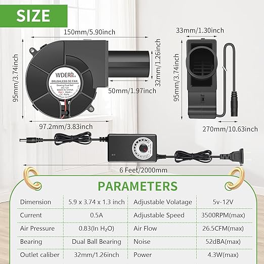 97mm x 33mm BBQ Blower Fan 12V with 120V – 240V AC Plug Variable Speed Controller Centrifugal for Outdoor Barbecues Fire Bellow, Camping Cooking, Wood Stove, Charcoal Starter