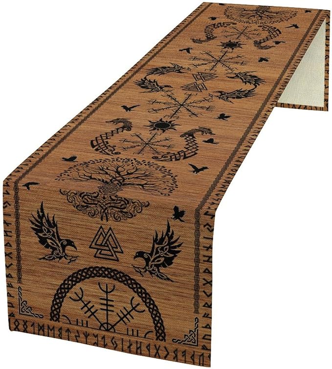 Viking Table Runners, Viking Tree of Life Raven Helmet of Awe Wood Print Table Runner for Home Kitchen Coffee Dining Room Bedroom Party 13x90in