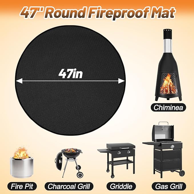 Apipi 47'' Fire Pit Mat Compatible with Solo Stove Bonfire - Fireproof Grill Mat Deck Patio Protector, 3-Layer Reusable Easy to Clean Round BBQ Mat for Outdoor Camping Accessories, Black