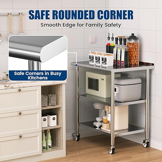 Stainless Steel Work Table with Wheels, 24x36 Inch NSF Food Prep Table with Backsplash & 2 Adjustable Undershelves for Commercial Kitchen, Restaurant, Garage