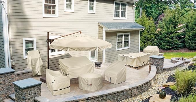 Porch Shield Fire Pit Cover - Waterproof 600D Heavy Duty Fade Resistant Round Patio Fire Bowl Cover Beige - 56 inch