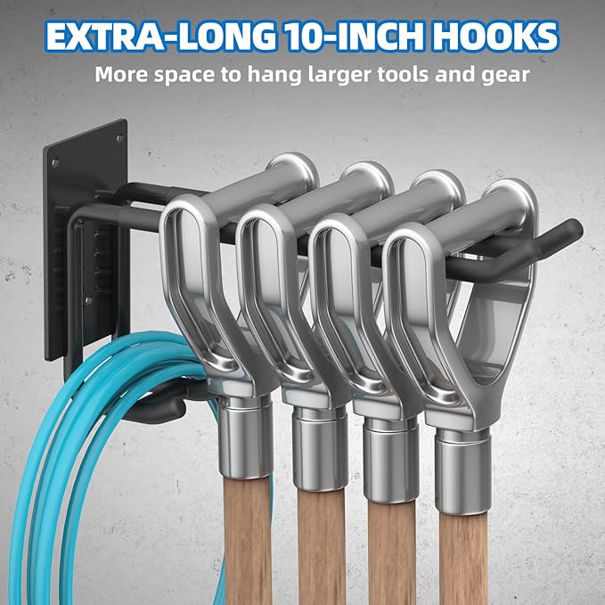 8 Pack Garage Hooks Heavy Duty 10 INCH Double-Layer Steel Shed Wall Mount Workshop Garage Storage Organizer Hooks for Hanging Garden Tool, Hose, Ladder, Chairs, Bikes with Anti-Slip Coating