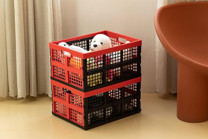 34L Large Plastic Folding Storage Crates,Collapsible Crates for Storage,Pack of 3 (Black+Red)