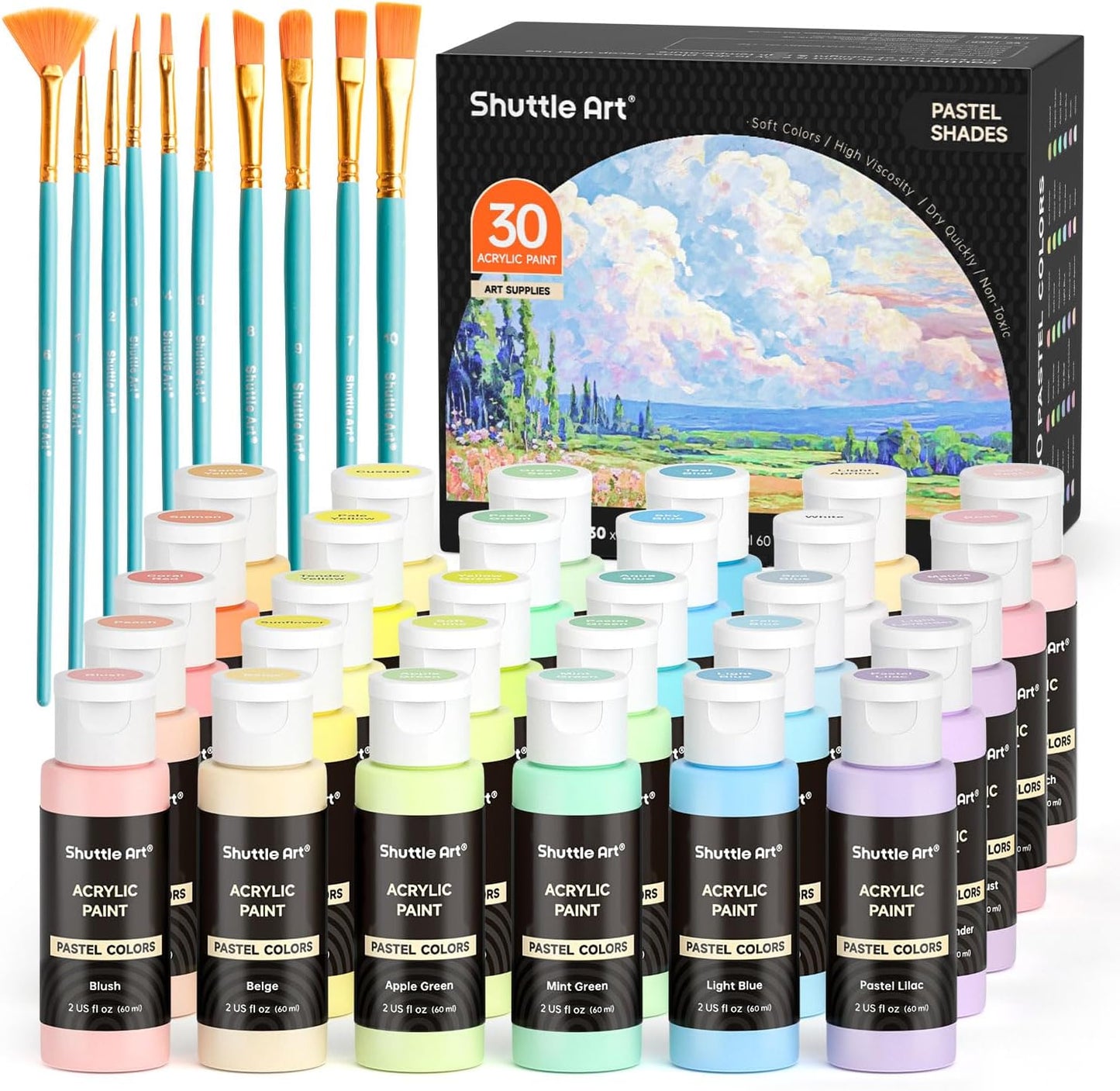 Shuttle Art 40 Pack Pastel Acrylic Paint Set, 30 Colors, 60ml/2oz Bottles, High Viscosity, Water-proof With 10 Paint Brushes for Painting &Crafting on Canvas, Rock, Ceramic, Fabric, Clay