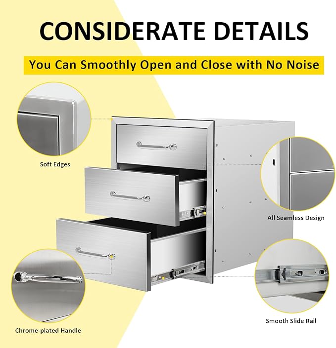 Outdoor Kitchen Drawers 18" W x 21" H x 21" D Flush Mount Triple BBQ Drawers with Chrome Handle Stainless Steel Drawer for Outdoor Kitchen Island, Patio Grill Station