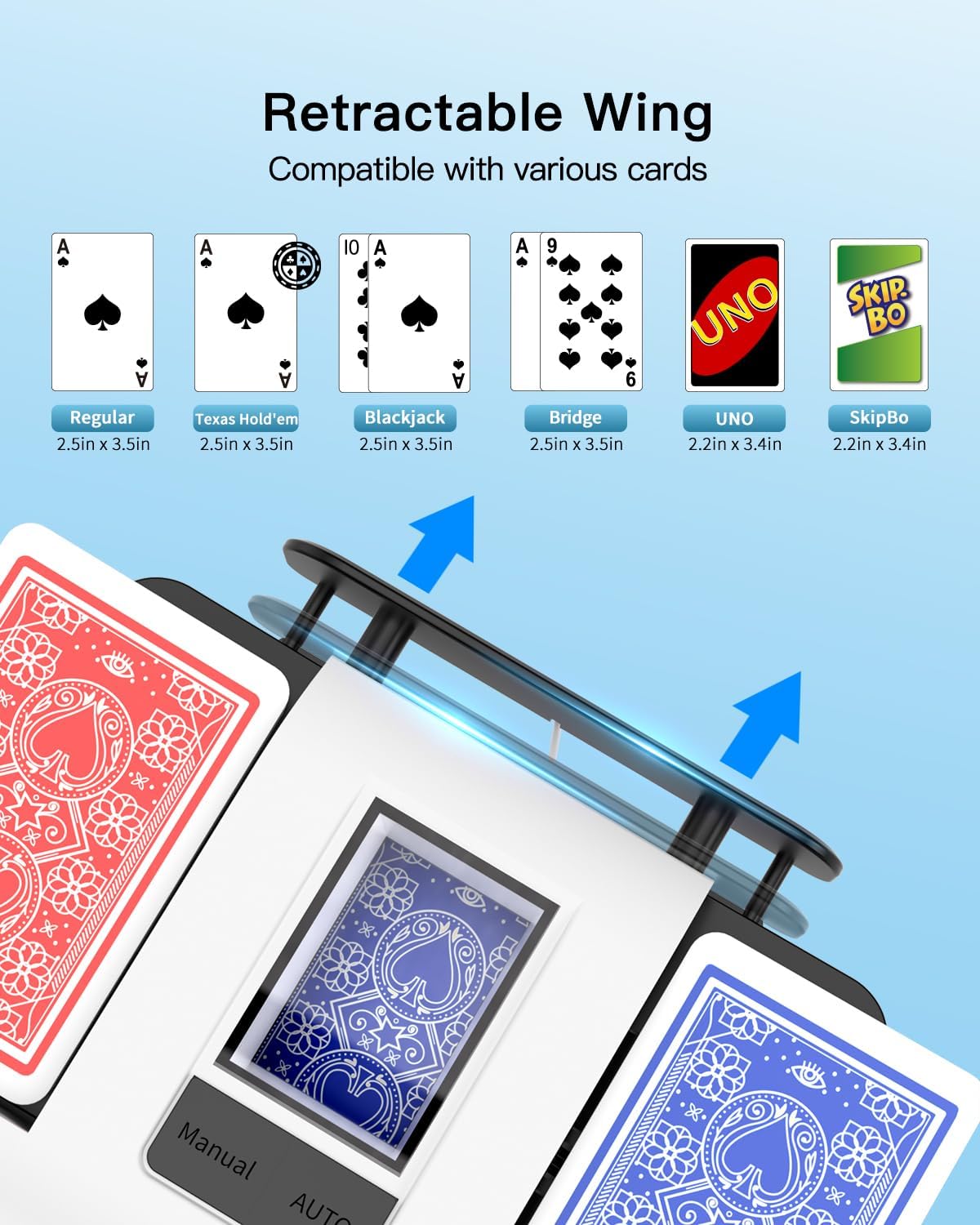 Automatic Card Shuffler, Rechargeable Cards Shuffler Machine with AUTO & Manual Mode, 1-2 Decks Low Noise Electric Shuffling Machine for Poker, UNO, Texas, Blackjack, Skip-Bo, Bridge, Phase 10