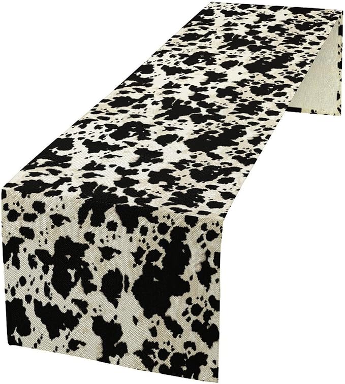 Cow Print Table Runner, Black White Animal Fur Skin Rustic Cowhide Pattern Table Runner for Kitchen Farmhouse Dining Home Outdoor Party 13x36in