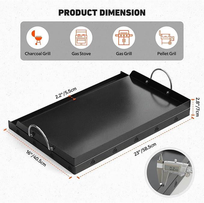 Onlyfire Universal BBQ Griddle with Handles for Charcoal/Gas Grills, Ceramic Coated Non-stick Flat Top Griddle for Outdoor Cooking, 23" x 16"
