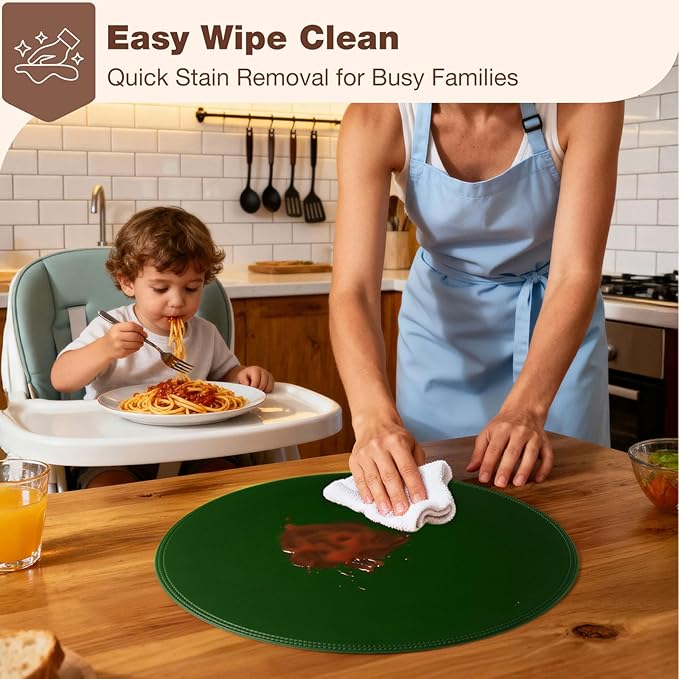 Round Vinyl Green Placemats Set of 6, Faux Leather Waterproof Wipeable Heat Resistant Place Mats, Washable Table Mats for Halloween, Thanksgiving & Christmas Dinner(Green)