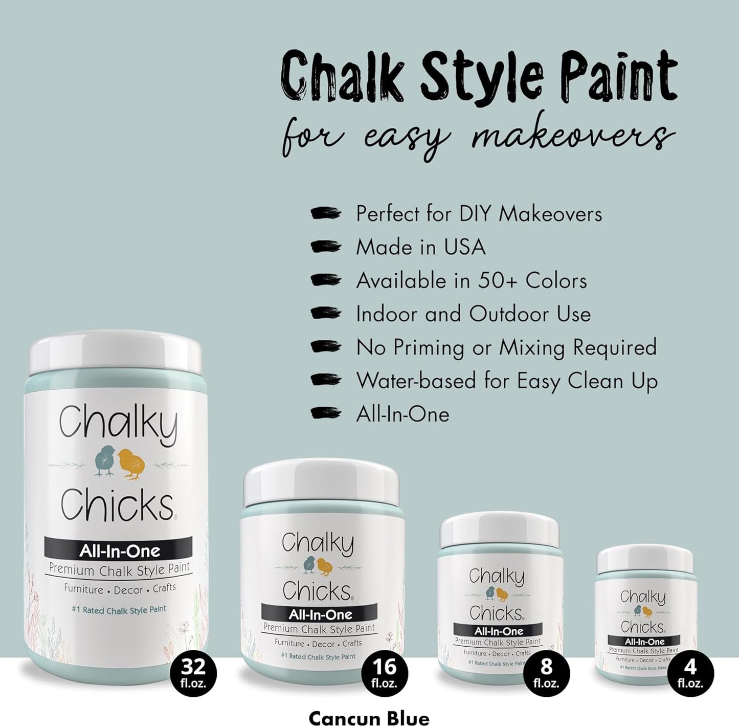 Chalky Chicks All-in-One Chalk Paint for Furniture or Cabinet - 4Fl Oz - Matte Finish Cancun Blue (Light Blue) for Metal, Wood Furniture Paint - No Sanding All-in-One for Home Decor & Crafts, USA Made