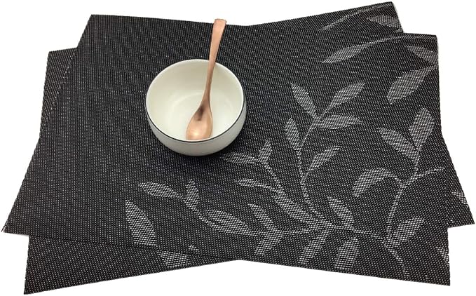Gugrida Place Mats PVC Set of 6, Table Placemats Set of 6 PVC Woven Vinyl Place Mats Table Mats Natural Color (6 pcs, Black Leaves)