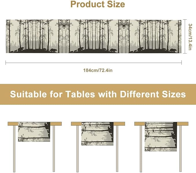 Retro Bear Table Runner, Rustic Foggy Forest Wild Animal Table Runner for Kitchen Dining Home Coffee Party 13x108in