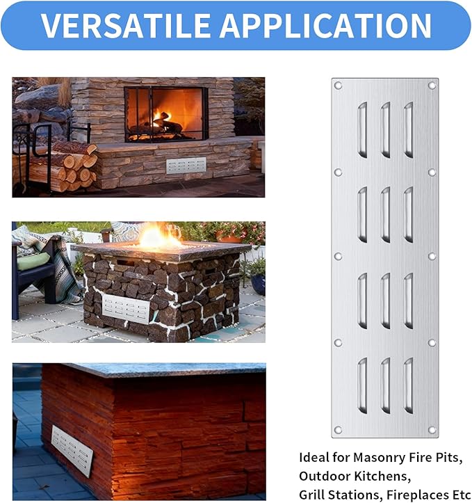 4 Pack Stainless Steel Venting Panel for BBQ Grill Accessory, 15x4.5 Inch (12-Slots), 304 Grade Metal Vent Cover for Masonry Fire Pits & Outdoor Kitchens, Weather Resistant, 15" by 4-1/2"