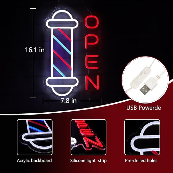 JFLLamp Barber Shop Neon Signs for Wall Decor Open Neon Lights for Bedroom Led Signs Suitable for Barber Shops Hair Salon Art Unique Gift for Hairdresser 10.2 * 16.1 Inch(Red + Blue + White)