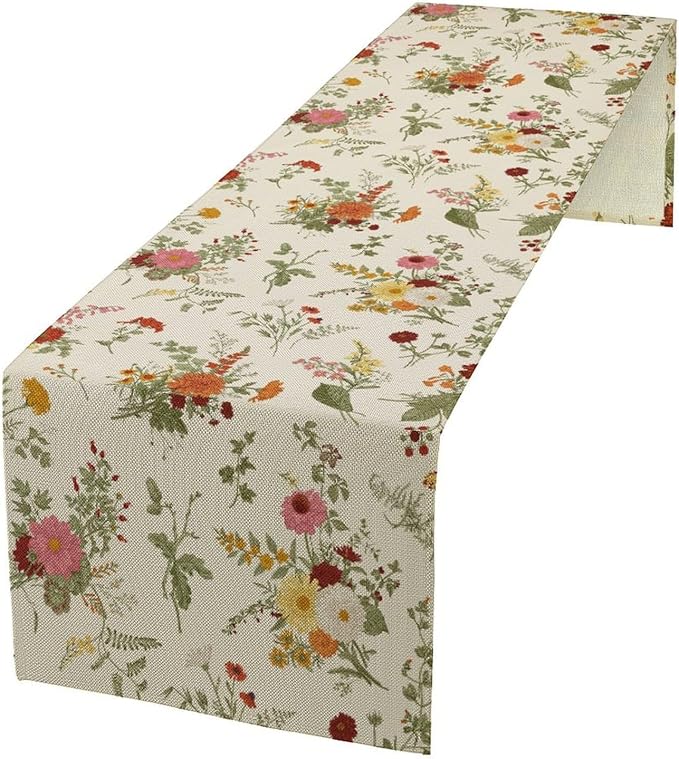 Vintage Flower Table Runner, Rustic Farmhouse Retro Garden Botanical Plants Herbs Wildflower Print Table Runner for Kitchen Dining Room Wedding Party Decor, 13x36inch