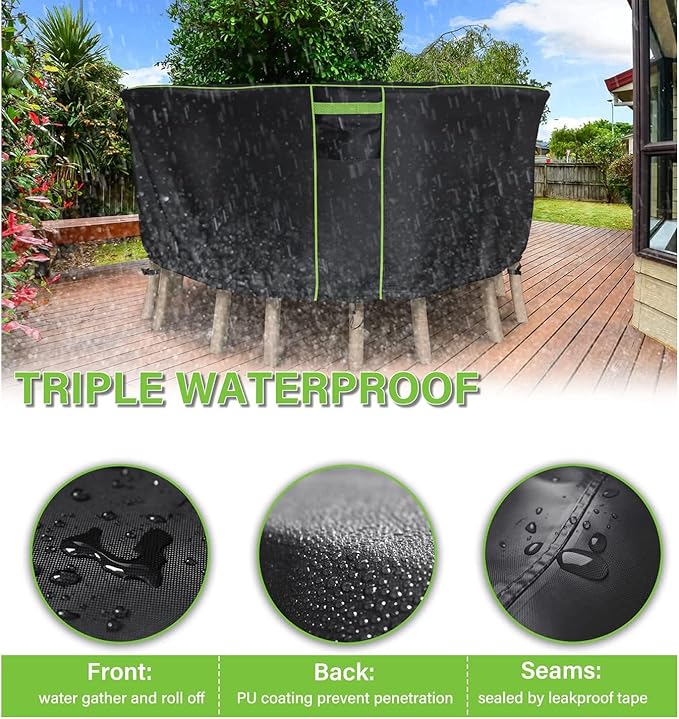 Round Patio Table Cover for Outdoor Table Chairs Set,600D Outdoor Furniture Cover Waterproof,Tear Resistance and Anti-UV,110" Dia x 28" H,Black
