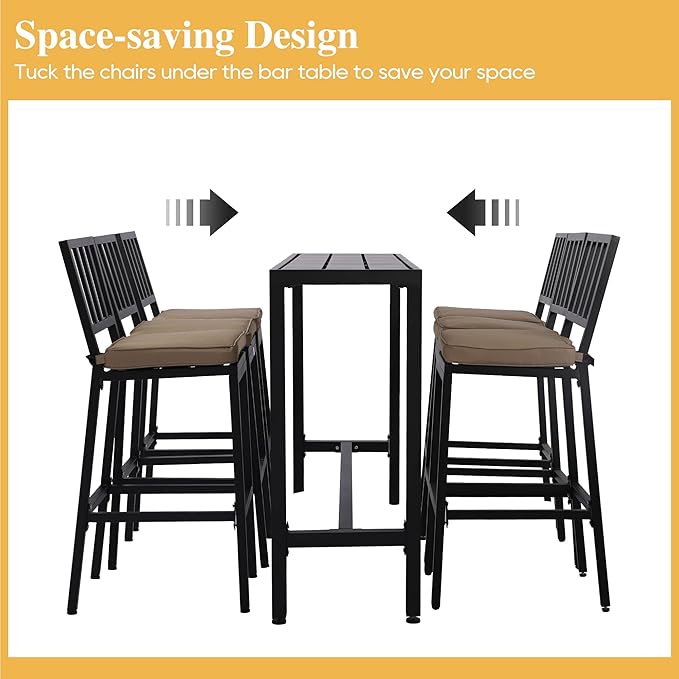Outdoor Patio Bar Set, Bar Height Patio Dining Set, Weather-Resistant Bistro Counter Pub Set with Cushions & Slatted Tabletop for Backyard, Garden, Yard (63" Table, 6 "I Style Stool, Black)