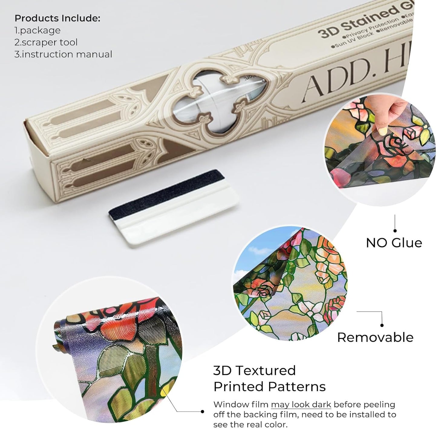 3D Stained Glass Window Film, Decorative Window Privacy Film for Bathroom, Front Door, Home, Sun Blocking Heat Control, Static Cling, Beast Rose 35.4inch x 78.7inch