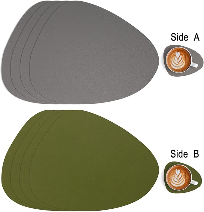 Myir JUN Placemats, Dual-Sided Placemats Waterproof Faux Leather Placemats Set of 4 Place Mats and Coasters Non-Slip Washable Table Mats for Dining Table (Gray Green, Set of 4)