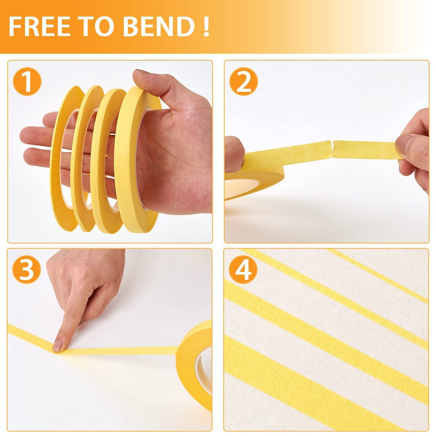 QDiShi 4 Rolls Fine Line Tape(Yellow), Fineline Masking Tape in 1/16, 1/8, 1/4 and 1/2 Inch Wide x 52 Yard Long, Automotive Masking Tape for DIY Car Auto Paint Art