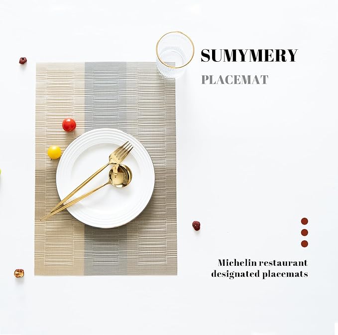 Placemats Set of 6 Vinyl/Plastic Woven Place Mats for Kitchen Table Indoor/Outdoor Washable Placemat Wipeable Dining Table Mats (Ombre Glod,6)
