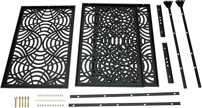 Metal Outdoor Privacy Screen with Stand,Freestanding Privacy Screen & Panels,Decorative Outdoor Divider with Stand Panels for Deck Patio Balcony (35.43 * 74.8in Black)