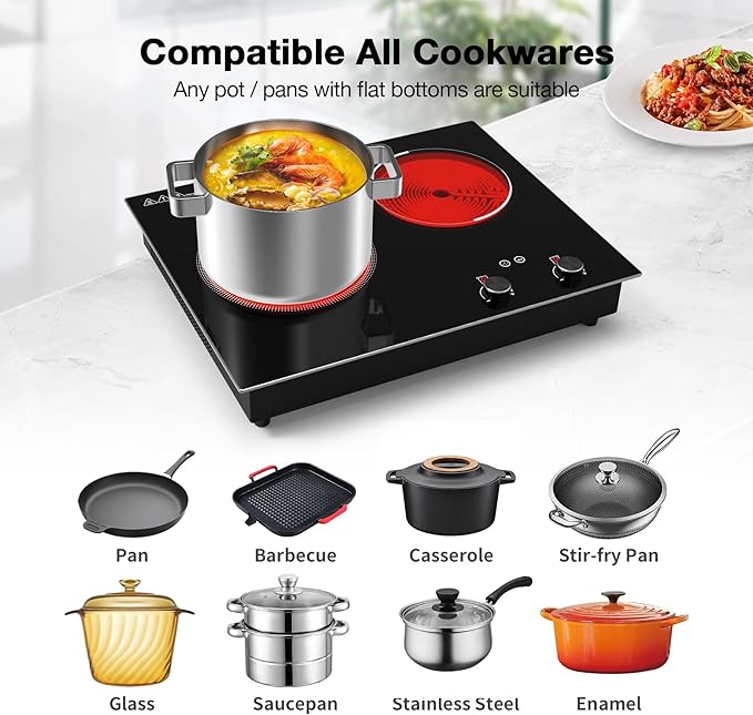 Electric Cooktop,1110V 2100W 2 Burner stove,Built-in & Countertop Stove Top with10 Heating Level, Timer & Kid Safety Lock, LED Knob Touch Control 2 Burner Electric Cooktop