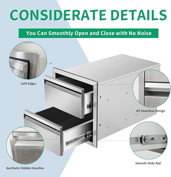 Outdoor Kitchen Drawers 14" W x 15" H x 23" D Stainless Steel Double Drawers with Hidden Handle for BBQ Island, Patio Grill Station & Outdoor Kitchen Cabinets