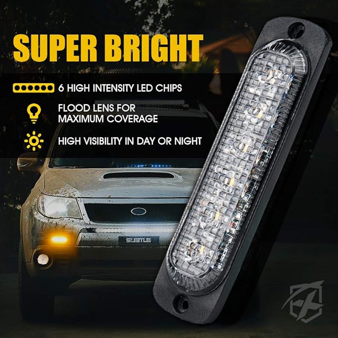 Xprite 4PCS LED Emergency Strobe Lights, Amber 6-LED Surface Mount Flashing Strobe Lights, Sync Feature Ultra Slim Grill Light for Off-Road Vehicles ATV SUV Trucks Cars