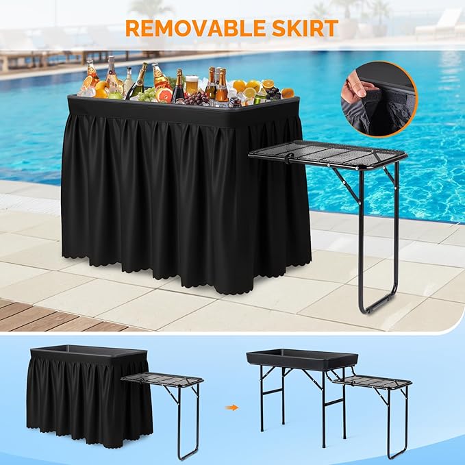 VINGLI Ice Table with Side Table, Portasble Cooler Table with Removable Skirt, Patio Table, Indoor & Outdoor Bar for Events, Parties and Camping Black