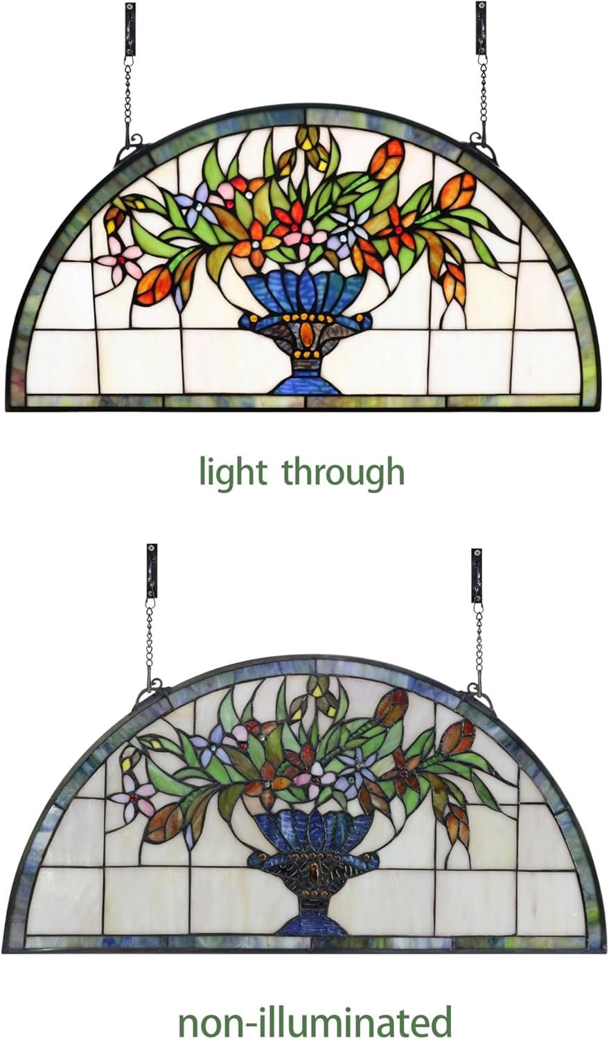24 inch Flower Stained Glass Window Hanging Half Moon Shade,100% Real Stained Glass Panelfor Home Decor(YLK005)