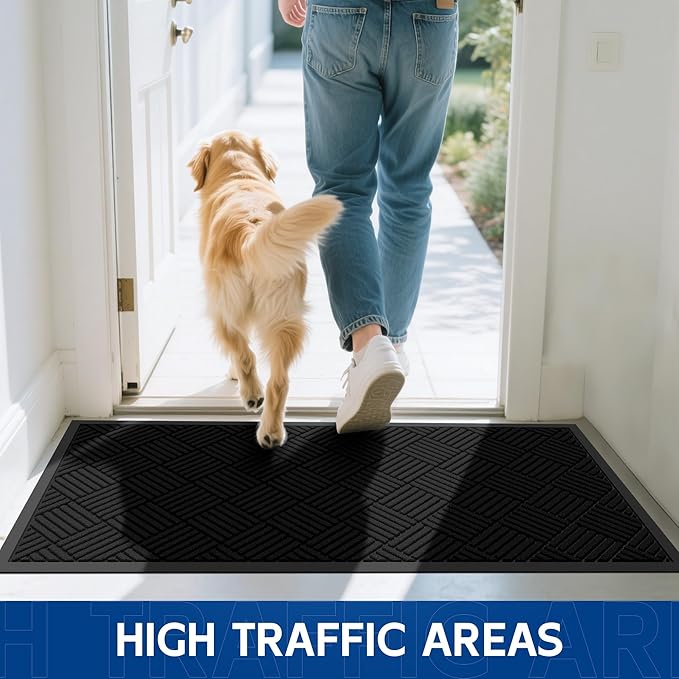 Durable Indoor Outdoor Door Mat, 2' x 6' Heavy Duty Front Door Mat for Entryway, Non-Slip Backing, Stain and Fade Resistant, Absorbent Commercial Floor Mat for High Traffic Area, Black