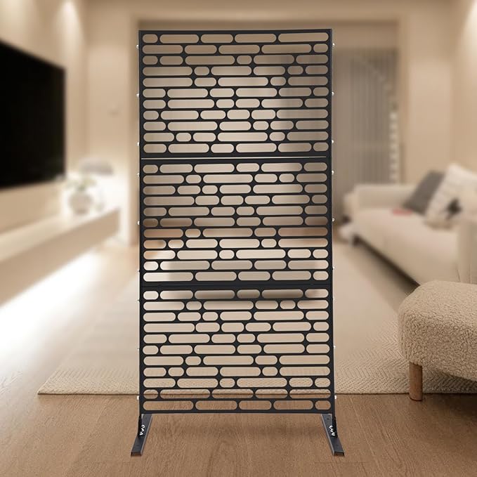 75" H×35" W Decorative Outdoor Privacy Screen with Stand, Outdoor Decor Privacy Fence Screen Metal Fence Panels, Free Standing Metal Divider for Patio Lawn Deck (Black-Oval)