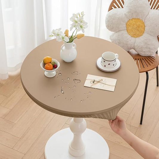 Round Fitted PU Tablecloth with High Elastic Edge 24 Inch Dia Waterproof Oil Proof Table Cloth Anti-scald Stain-Resistant Wipeable Table Cover for Indoor Outdoor Picnic (Cream Coffee,24"Dia)