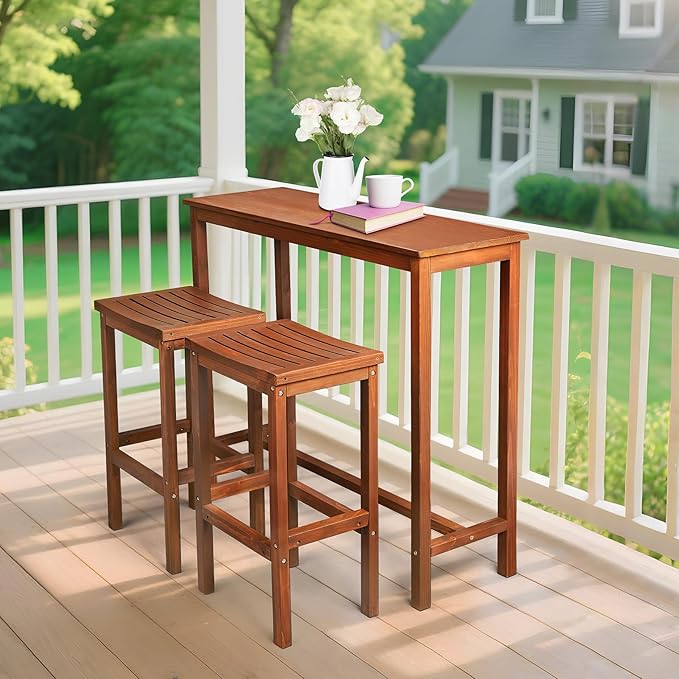 VINGLI 3-Piece Fir Wood Outdoor Bar Table and Chairs Set, Outdoor Bar Height Table with 2 Bar Stools Patio Bistro Set for Garden Balcony Backyard (Brown)