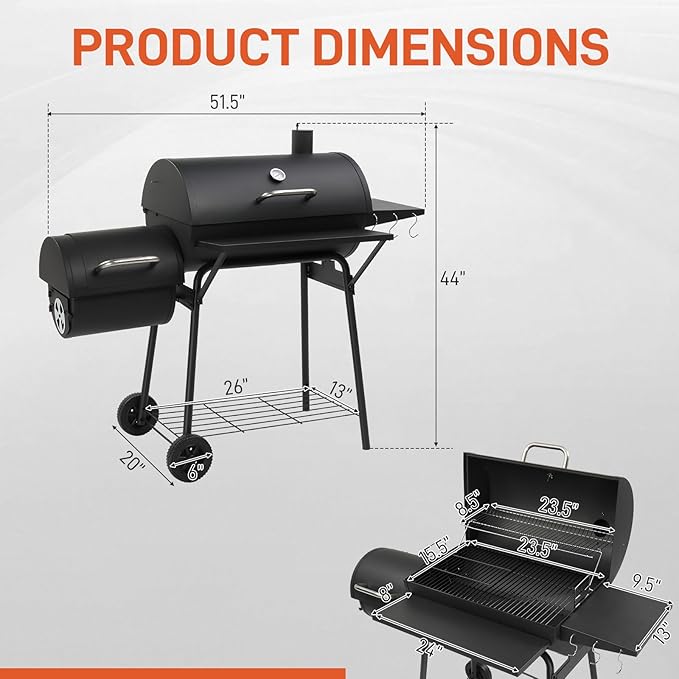 Outvita Charcoal Grill with Offset Smoker, Barrel Barbecue Smoker Grill with Spacious Cooking Area for BBQ, Backyard Patio Picnic Parties Camping, Black