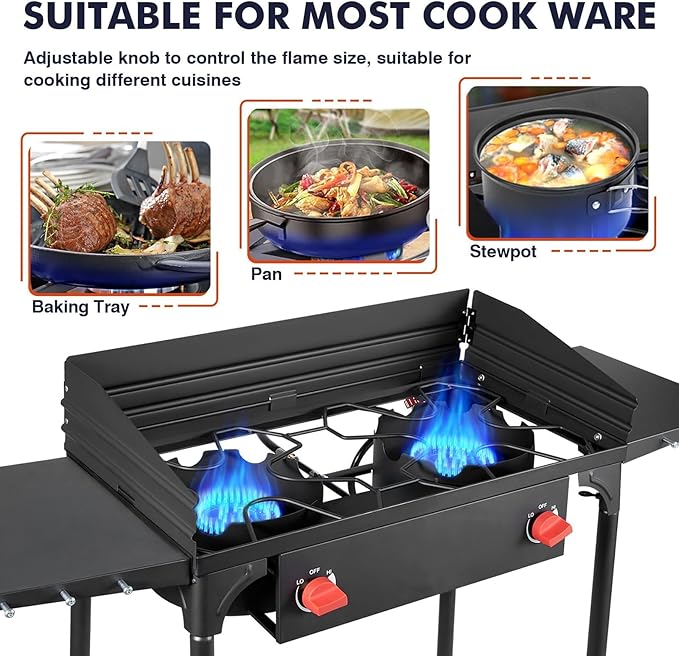 Llamaviva 2 Burner Propane Stove with Windpanel, Camping Stove with Side Shelves, 150000 BTU Propane Burners Removable Legs & Regulator Hose & Carrying Bag