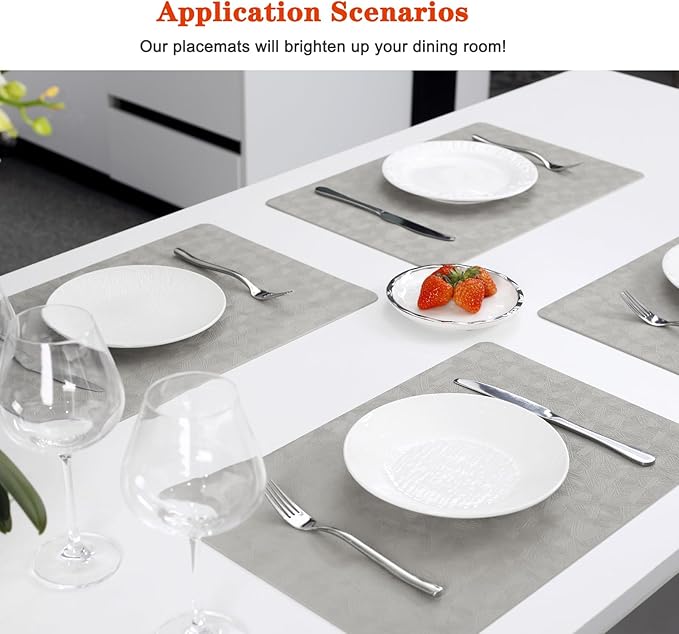 Vinyl Placemats Set of 4 Heat Resistant Easy Clean Non-Slip Place Mats for Dining Table. Faux Leather Waterproof Stain Resistant Wipeable Washable PU Table Mats(4, Light Gray)