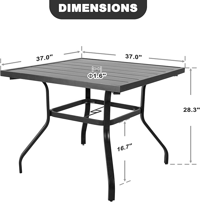NUU GARDEN 37" Outdoor Patio Table, 4 Person Steel Slat Square Dining Table with 1.57" Umbrella Hole, Slatted Top and Powder Coated Iron Frame for Patio, Garden and Balcony, Black