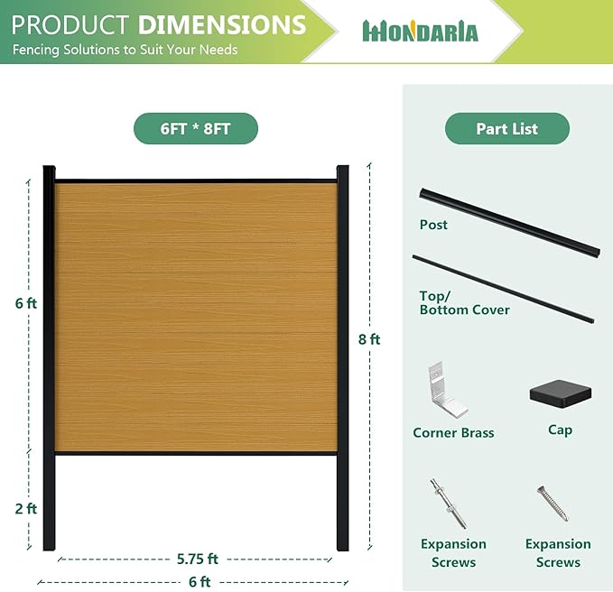 Mondaria Fence Privacy Screen with 8ft In-ground Posts, 6ft(H) x 6ft(W) Wood Plastic Composite Fence Panels Weather-Resistant Outdoor Fence for Backyard/Garden (Yellow Teak, 2 Posts)