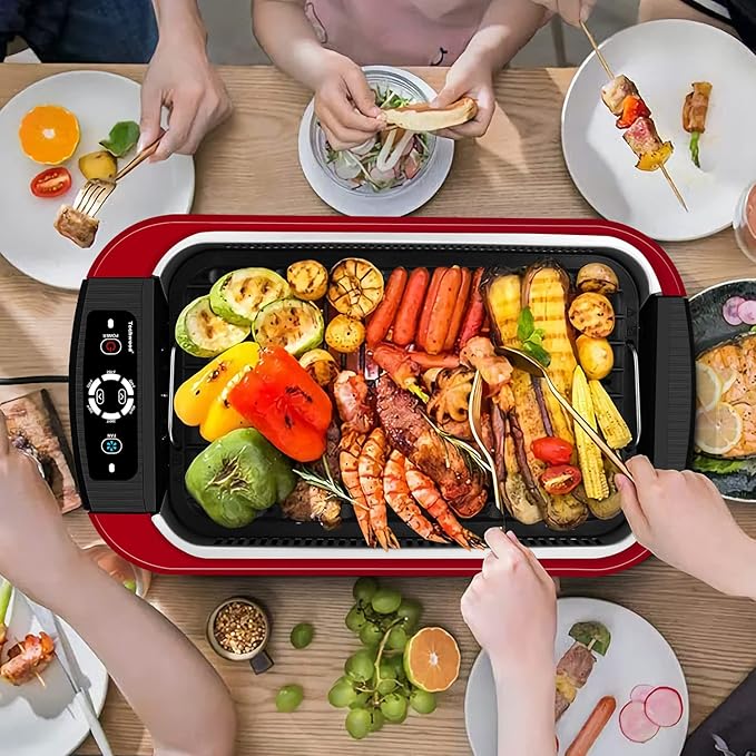 Indoor Smokeless Grill, Techwood 1500W Electric BBQ Grill with Temperature Control, Korean Grill Removable Non-Stick Grill & Griddle Plates, Tempered Glass Lid, Red