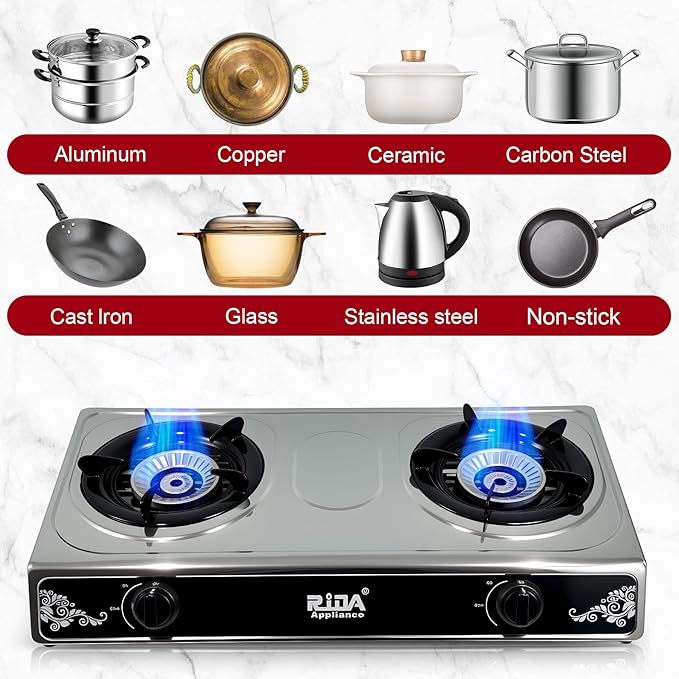 2 Burner Propane Gas Stove, Portable Stainless Steel Camping Stove with Auto-Ignition, Propane Burners for Cooking, Outdoor, Camping, RV & Emergency Use