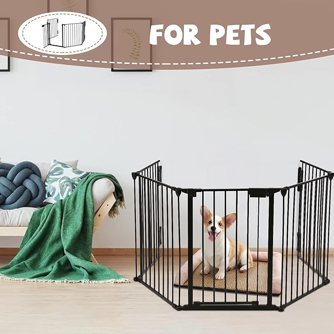 AUXSOUL 118" Wide Baby Gate Metal Safety Playpen - Fireplace Fence for Toddler/Pet/Dog, Fits 72"- 118" Wide, 5-Panel (30" H, Black)