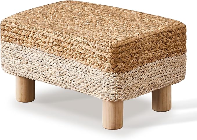 Wimarsbon Natural Seagrass Footstool Ottoman Rectangular Footrest Pouf Ottomans with Wooden Legs Hand Weave Step Stool for Living Room Bedroom Entryway White
