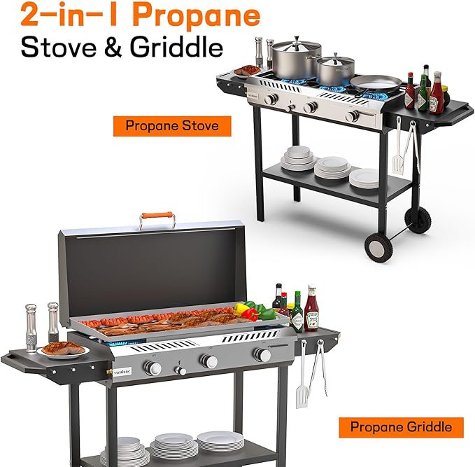 Veralune 3 Burner Propane Stove with Griddle, 225,000 BTU High Pressure Propane Stove with Auto Ignition Button, Outdoor Cooking Stove for Camping, Backyard, Patio, Cooking, BBQ