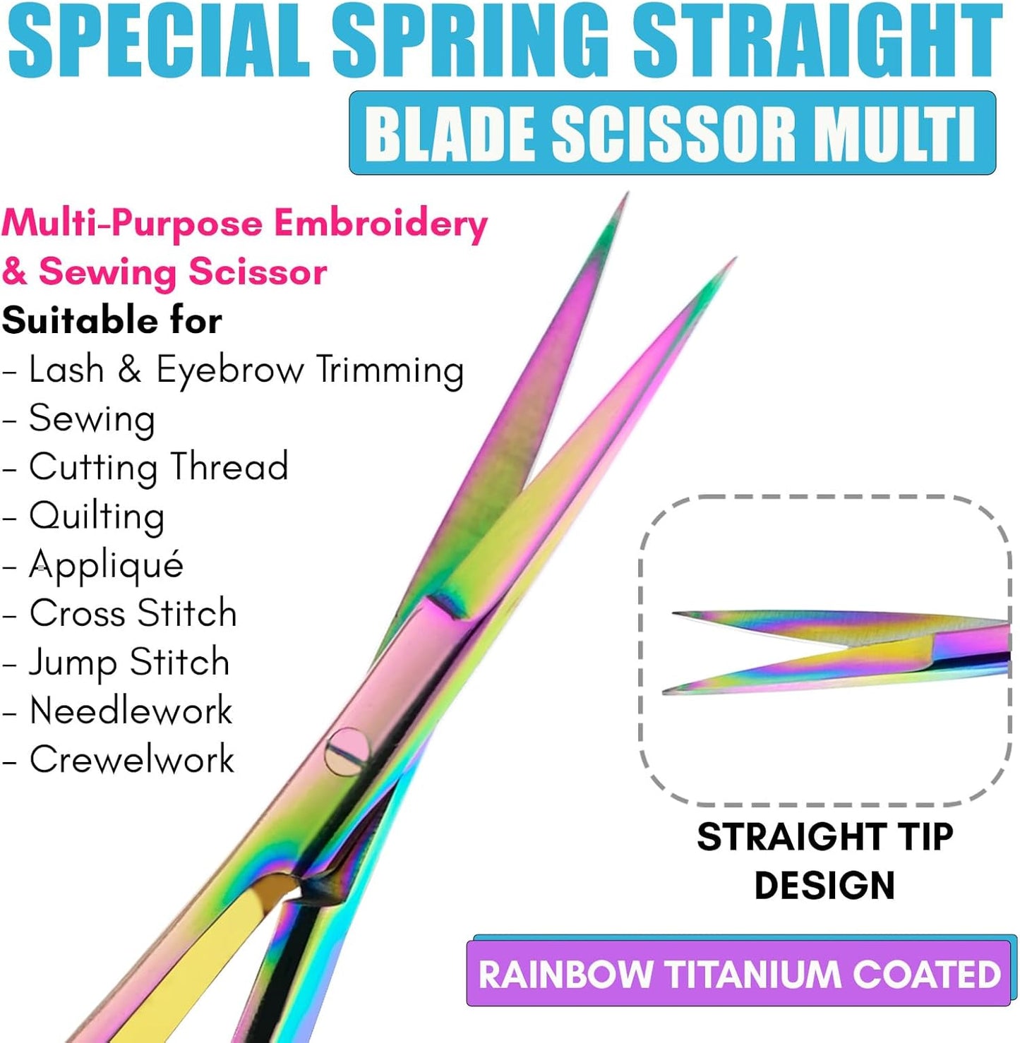 Cross Edge Spring Scissors 5 Inch straight Stainless-Steel Precision Eyebrow & Eyelash Shaping Trimming Scissor, Squeeze, Embroidery, Knitting Micro Tip Craft Scissors (Rainbow Glitter White)