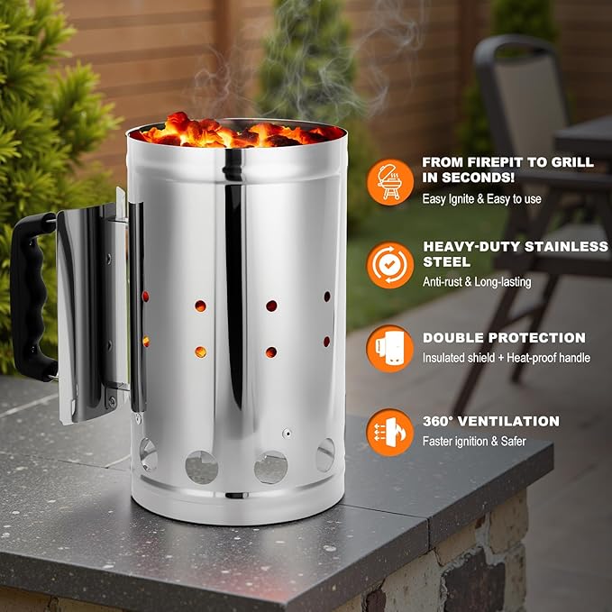 Charcoal Chimney Starter, BBQ Grill Quick Rapid Fire Starter Chimney for Outdoor Barbecue Cooking Camping, Sturdy and Easy to Use, Stainless Steel（10.62" x 6.3"）