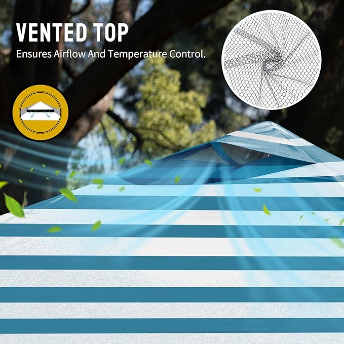 CROWN SHADES 10x10 Pop Up Canopy - Beach Tent with One Push Setup - Easy Outdoor Sun Shade for Events, Parties, Camping - Gazebo with STO-N-Go Cover Bag, Silver Coated Top, Cyan Blue Stripes