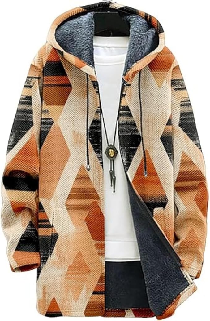 Men's Hooded Sweater Coat Knit Fleece Lined Long Cardigan Jacket with Zip Front Pocket Vintage Casual Zip Up